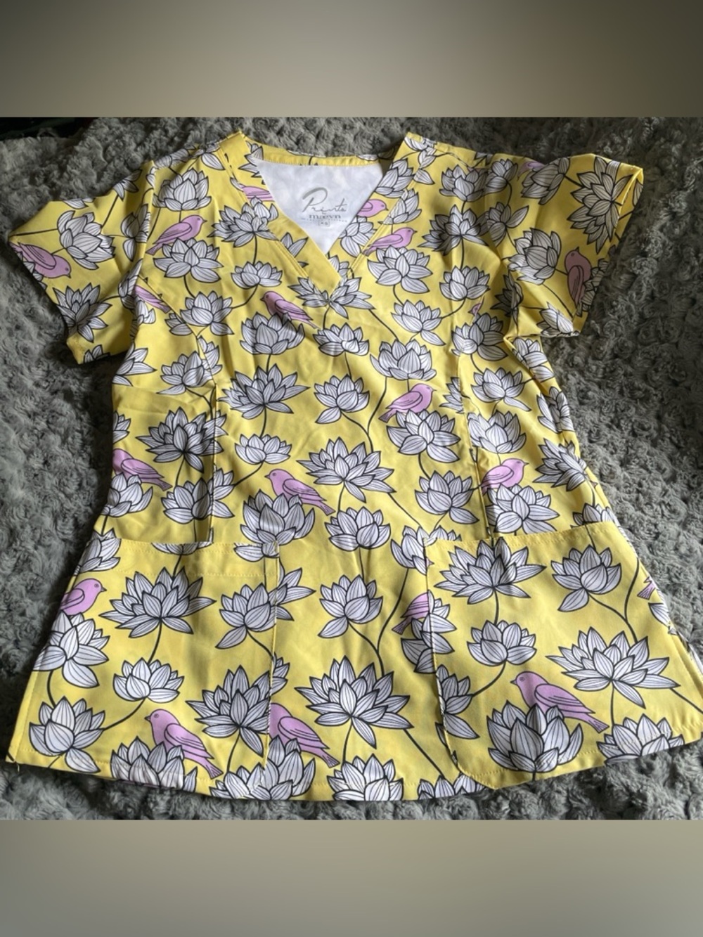 Priesta Yellow Floral & Pink Bird Scrub Top